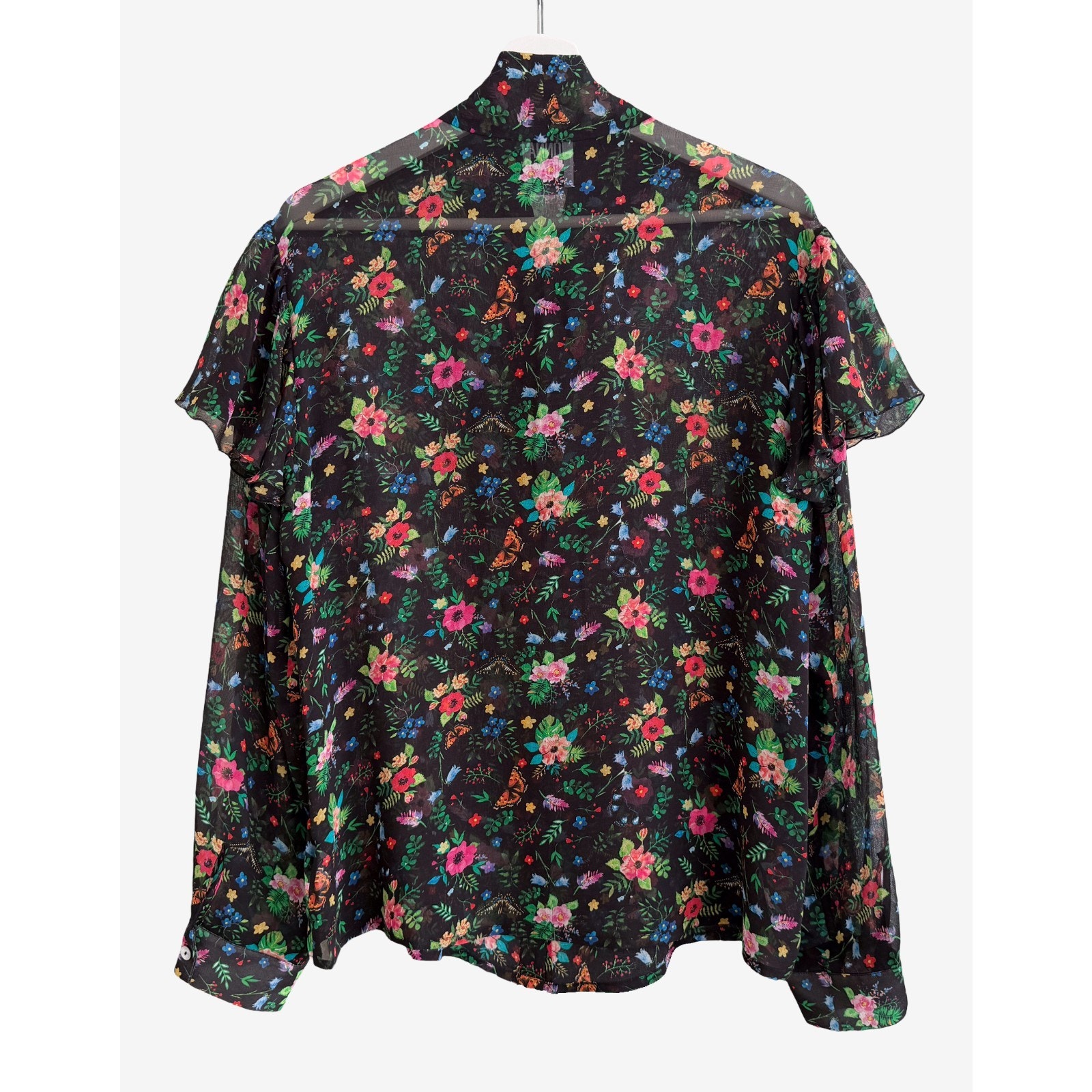 Donna Ida Blouse Whimsical Butterfly Floral 100% Silk Tie Neck Flutter Large — image 5 of 8